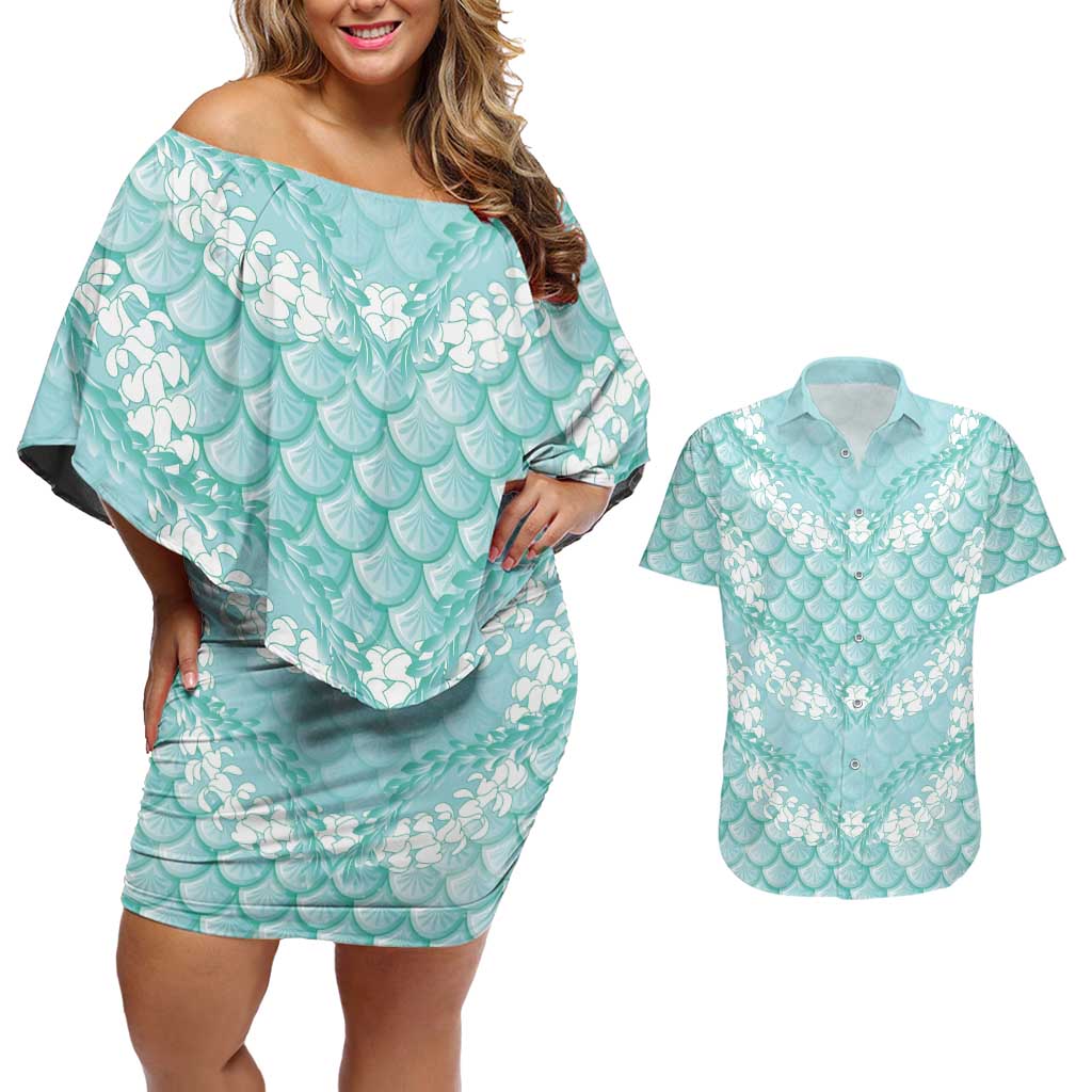 Light Turquoise Mermaid Puakenikeni Maile Lei Couples Matching Off Shoulder Short Dress and Hawaiian Shirt LT01 Turquoise - Polynesian Pride