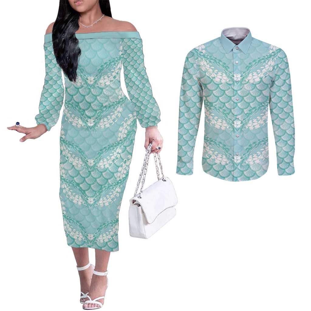 Light Turquoise Mermaid Puakenikeni Maile Lei Couples Matching Off The Shoulder Long Sleeve Dress and Long Sleeve Button Shirt LT01 Turquoise - Polynesian Pride