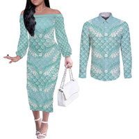 Light Turquoise Mermaid Puakenikeni Maile Lei Couples Matching Off The Shoulder Long Sleeve Dress and Long Sleeve Button Shirt LT01 Turquoise - Polynesian Pride