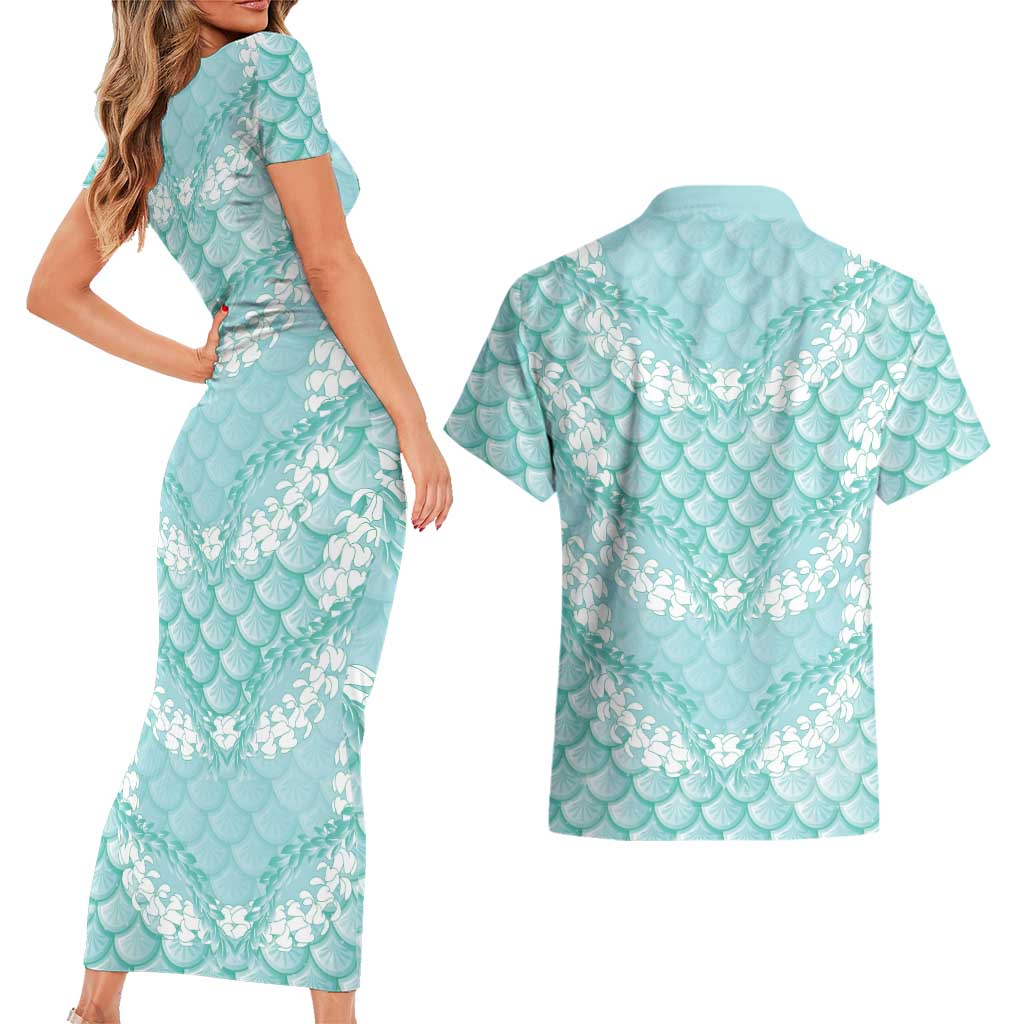 Light Turquoise Mermaid Puakenikeni Maile Lei Couples Matching Short Sleeve Bodycon Dress and Hawaiian Shirt