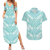 Light Turquoise Mermaid Puakenikeni Maile Lei Couples Matching Summer Maxi Dress and Hawaiian Shirt LT01 Turquoise - Polynesian Pride