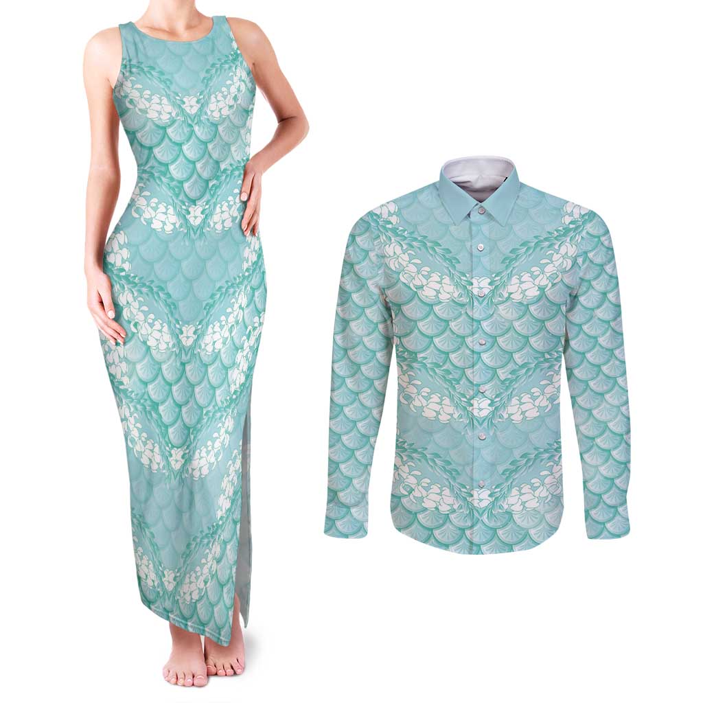Light Turquoise Mermaid Puakenikeni Maile Lei Couples Matching Tank Maxi Dress and Long Sleeve Button Shirt LT01 Turquoise - Polynesian Pride