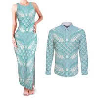 Light Turquoise Mermaid Puakenikeni Maile Lei Couples Matching Tank Maxi Dress and Long Sleeve Button Shirt LT01 Turquoise - Polynesian Pride