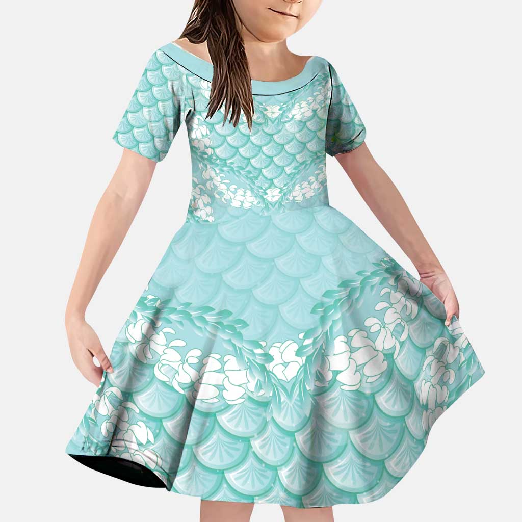Light Turquoise Mermaid Puakenikeni Maile Lei Family Matching Mermaid Dress and Hawaiian Shirt LT01 Daughter's Dress Turquoise - Polynesian Pride