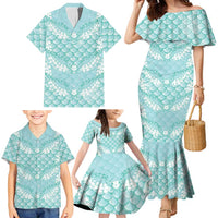 Light Turquoise Mermaid Puakenikeni Maile Lei Family Matching Mermaid Dress and Hawaiian Shirt LT01 - Polynesian Pride