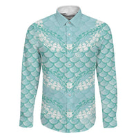 Light Turquoise Mermaid Puakenikeni Maile Lei Family Matching Mermaid Dress and Hawaiian Shirt LT01 Dad's Shirt - Long Sleeve Turquoise - Polynesian Pride