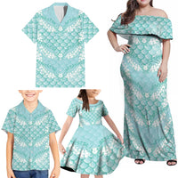 Light Turquoise Mermaid Puakenikeni Maile Lei Family Matching Off Shoulder Maxi Dress and Hawaiian Shirt