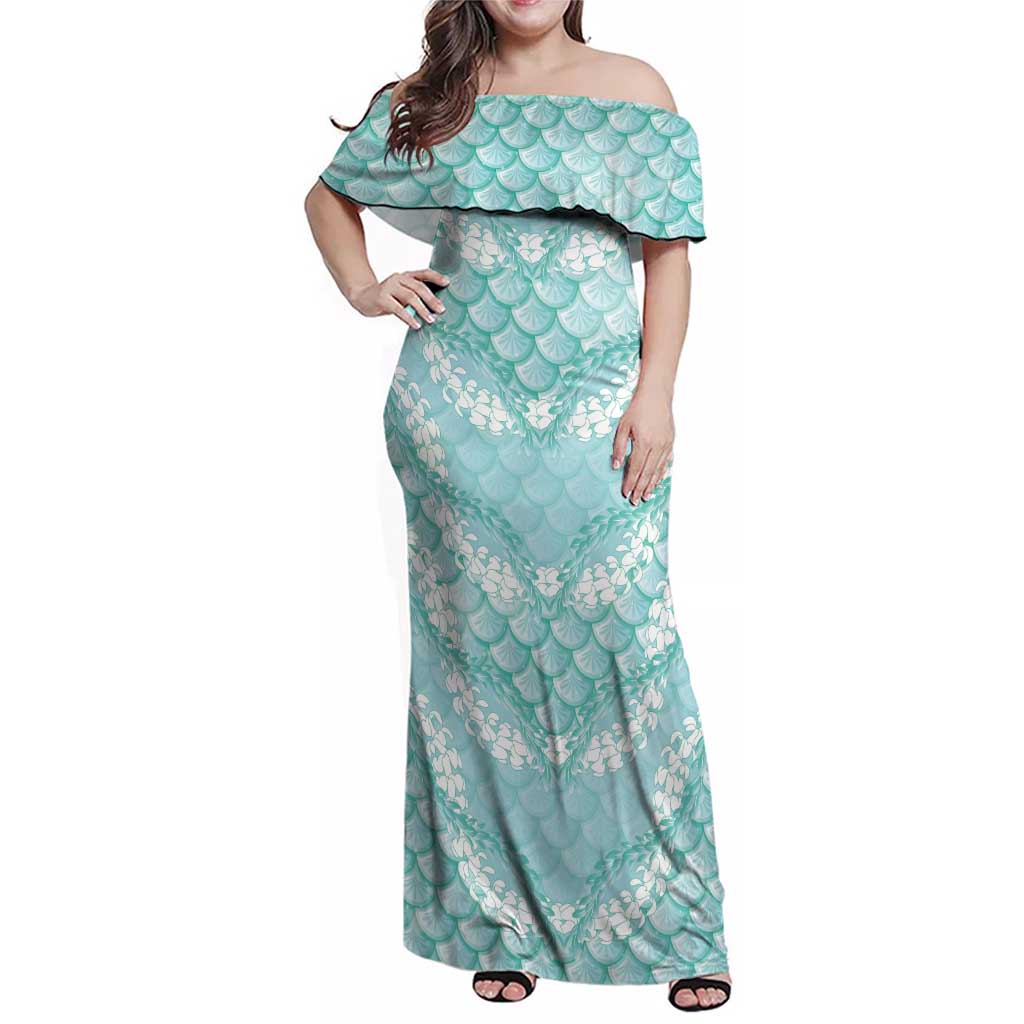 Light Turquoise Mermaid Puakenikeni Maile Lei Family Matching Off Shoulder Maxi Dress and Hawaiian Shirt