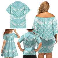 Light Turquoise Mermaid Puakenikeni Maile Lei Family Matching Off Shoulder Short Dress and Hawaiian Shirt LT01 - Polynesian Pride