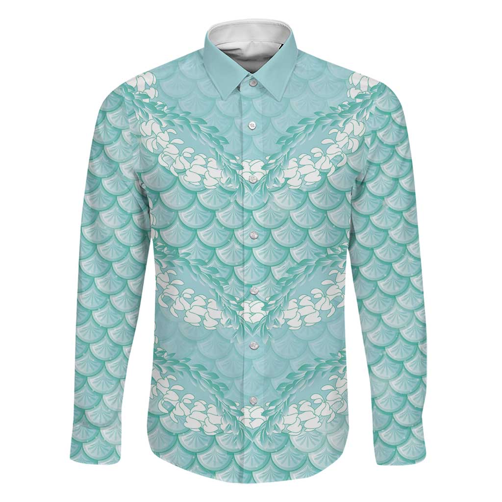 Light Turquoise Mermaid Puakenikeni Maile Lei Family Matching Off Shoulder Short Dress and Hawaiian Shirt LT01 Dad's Shirt - Long Sleeve Turquoise - Polynesian Pride