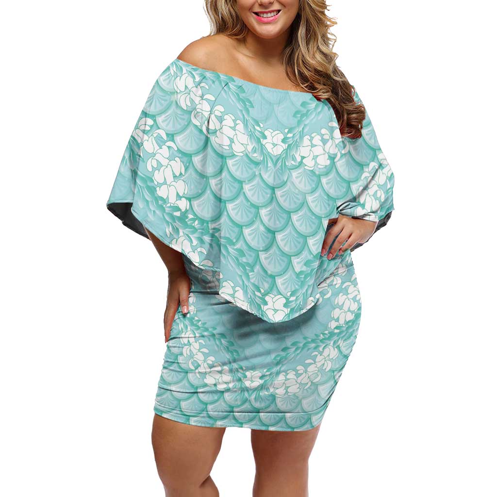 Light Turquoise Mermaid Puakenikeni Maile Lei Family Matching Off Shoulder Short Dress and Hawaiian Shirt LT01 Mom's Dress Turquoise - Polynesian Pride