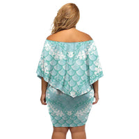 Light Turquoise Mermaid Puakenikeni Maile Lei Family Matching Off Shoulder Short Dress and Hawaiian Shirt LT01 - Polynesian Pride