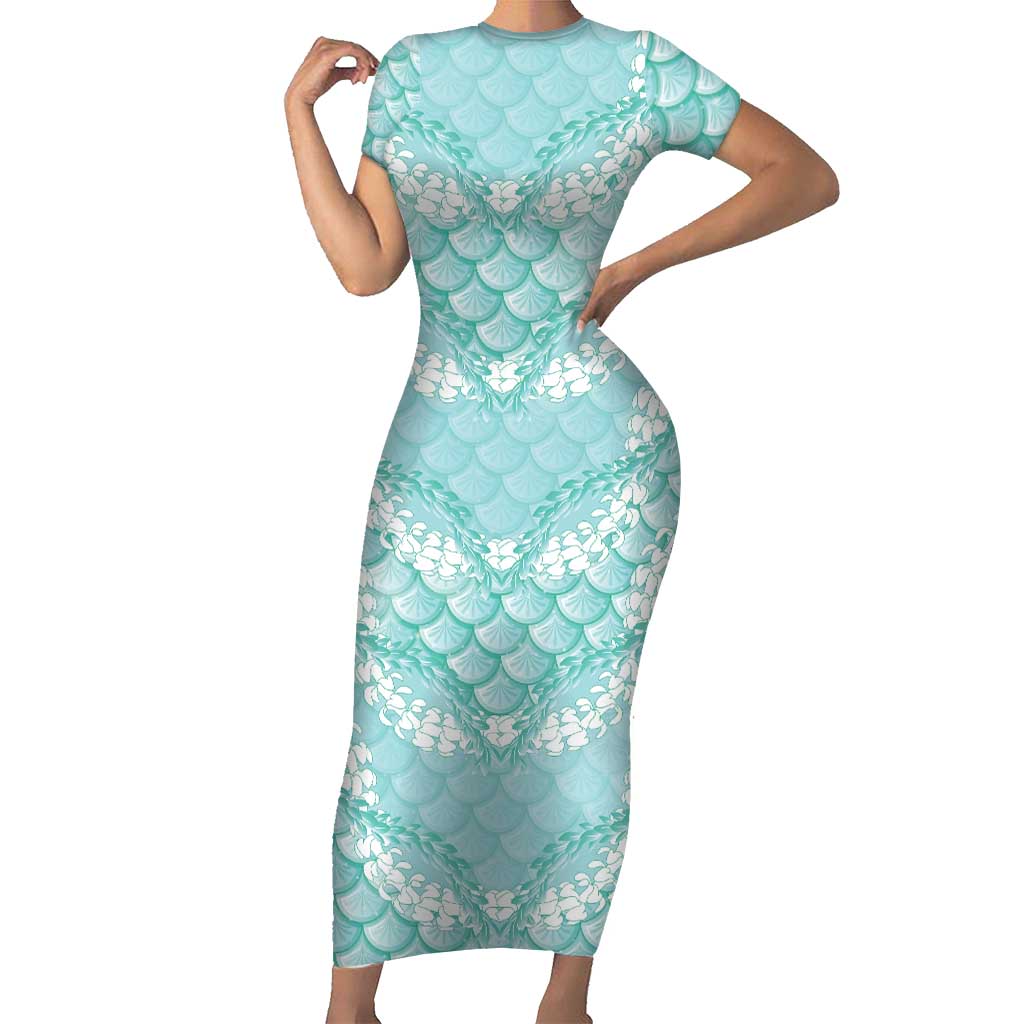 Light Turquoise Mermaid Puakenikeni Maile Lei Family Matching Short Sleeve Bodycon Dress and Hawaiian Shirt LT01 Mom's Dress Turquoise - Polynesian Pride