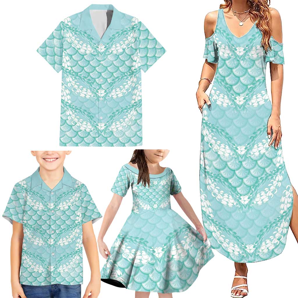 Light Turquoise Mermaid Puakenikeni Maile Lei Family Matching Summer Maxi Dress and Hawaiian Shirt