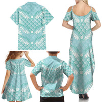Light Turquoise Mermaid Puakenikeni Maile Lei Family Matching Summer Maxi Dress and Hawaiian Shirt