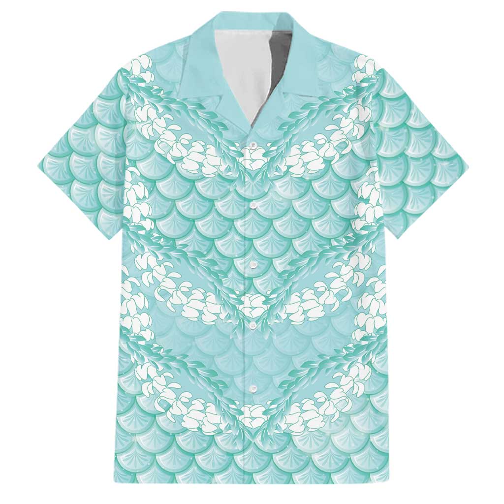 Light Turquoise Mermaid Puakenikeni Maile Lei Family Matching Summer Maxi Dress and Hawaiian Shirt