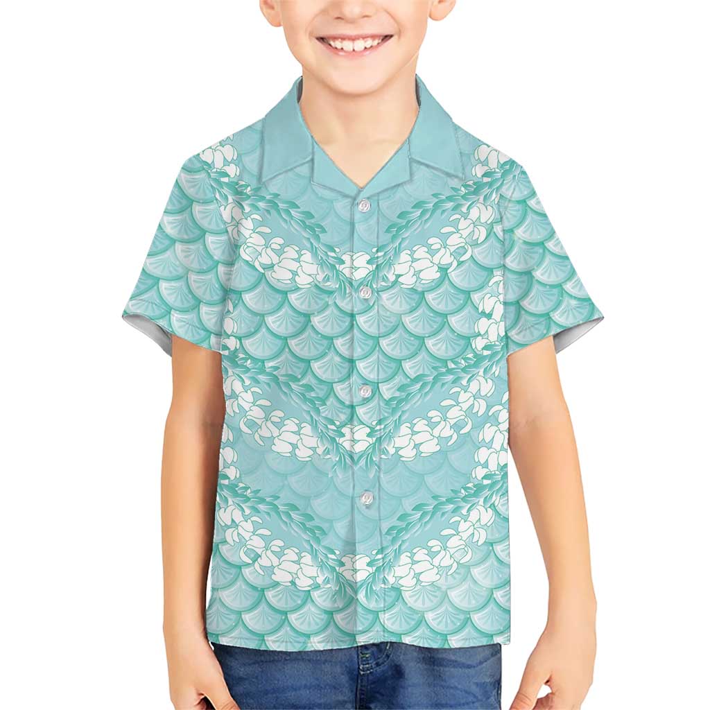 Light Turquoise Mermaid Puakenikeni Maile Lei Family Matching Summer Maxi Dress and Hawaiian Shirt