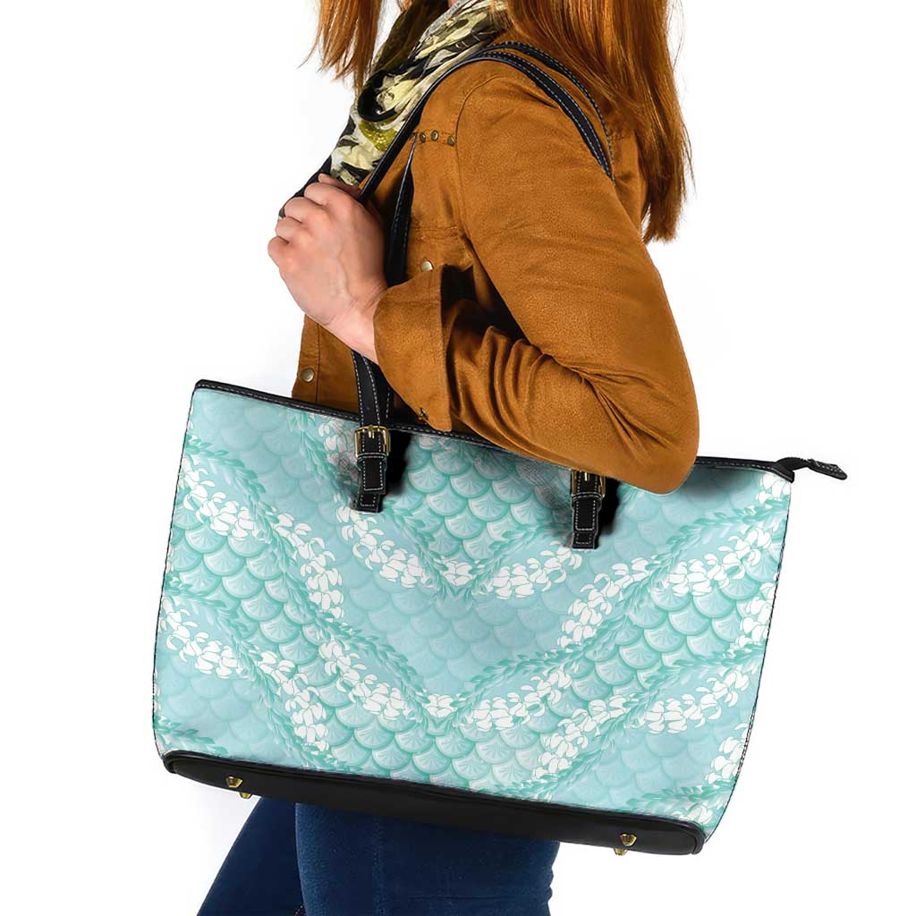 Light Turquoise Mermaid Puakenikeni Maile Lei Leather Tote Bag