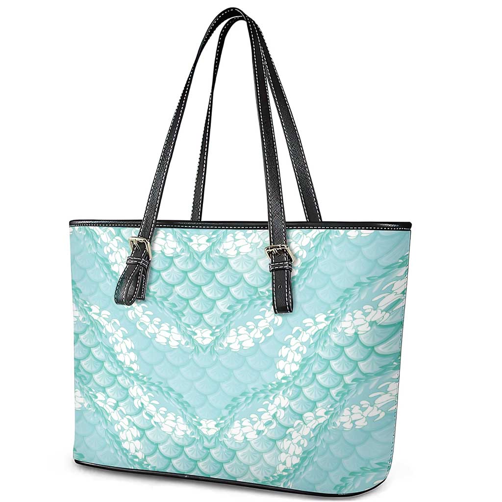 Light Turquoise Mermaid Puakenikeni Maile Lei Leather Tote Bag