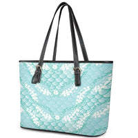 Light Turquoise Mermaid Puakenikeni Maile Lei Leather Tote Bag