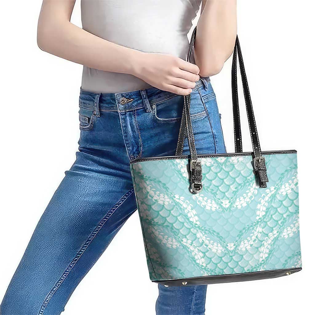 Light Turquoise Mermaid Puakenikeni Maile Lei Leather Tote Bag