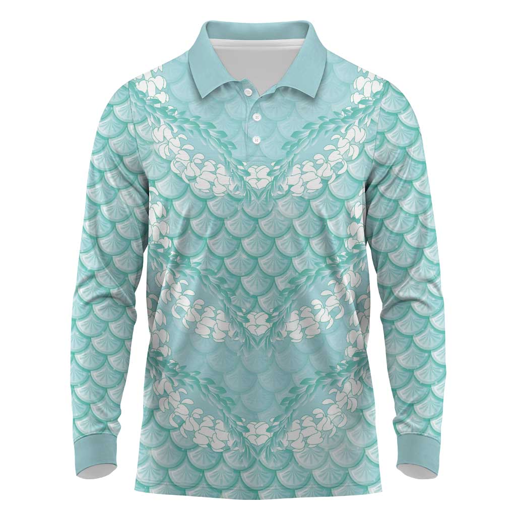Light Turquoise Mermaid Puakenikeni Maile Lei Long Sleeve Polo Shirt