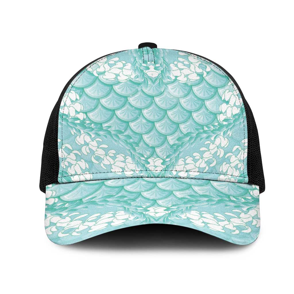 Light Turquoise Mermaid Puakenikeni Maile Lei Mesh Trucker Cap LT01 One Size Black Turquoise - Polynesian Pride