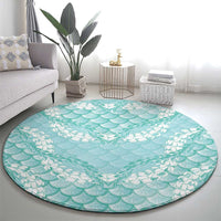 Light Turquoise Mermaid Puakenikeni Maile Lei Round Carpet