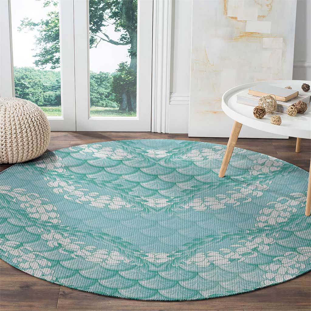 Light Turquoise Mermaid Puakenikeni Maile Lei Round Carpet
