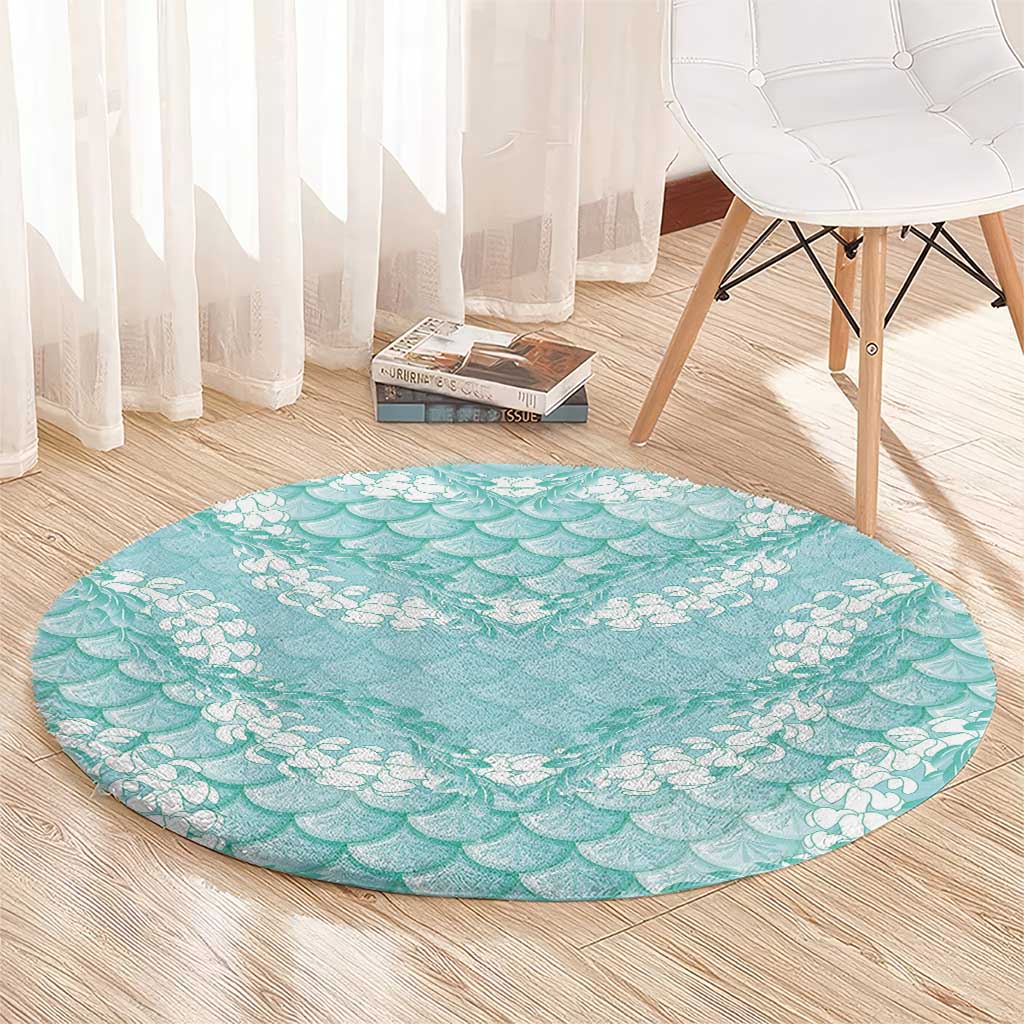 Light Turquoise Mermaid Puakenikeni Maile Lei Round Carpet