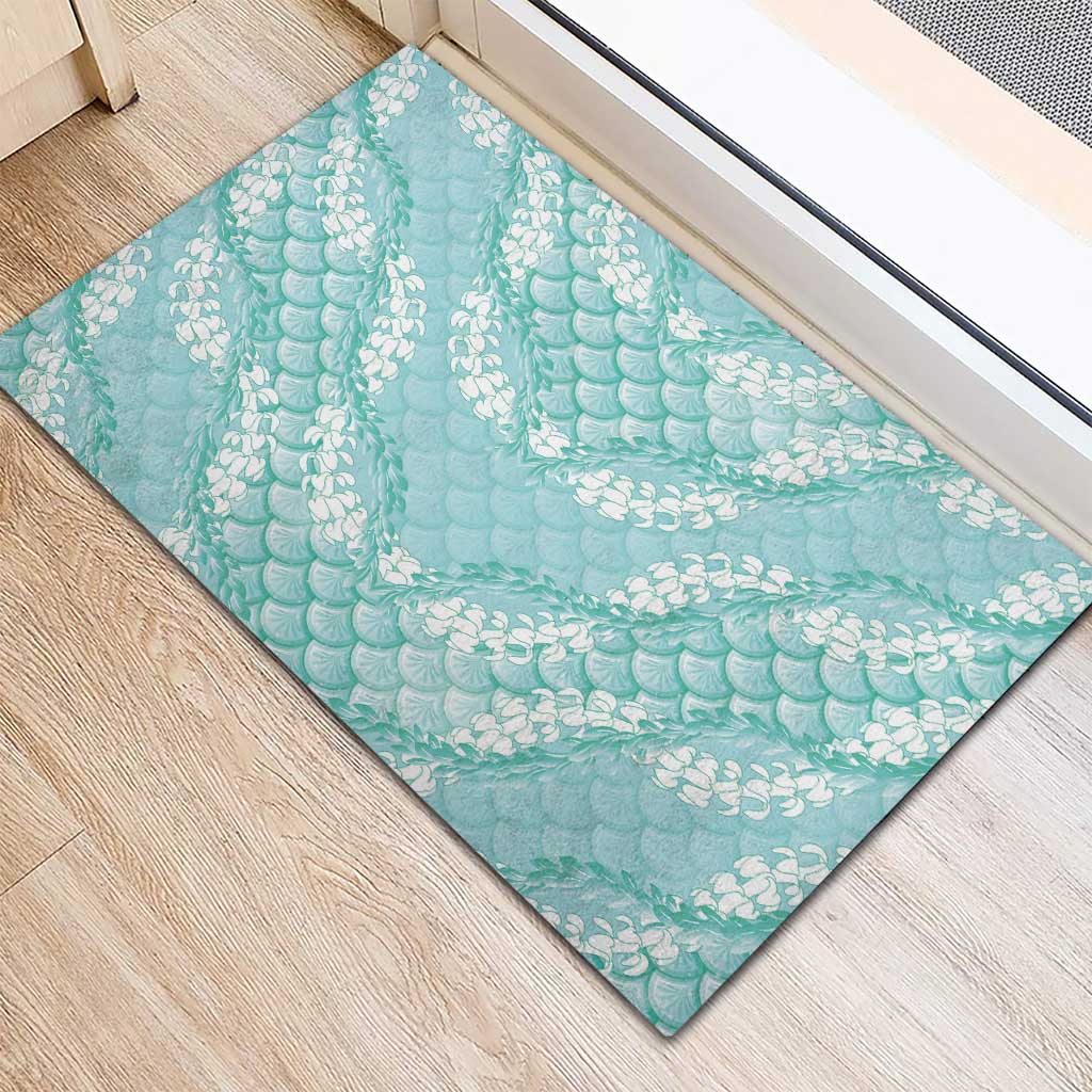 Light Turquoise Mermaid Puakenikeni Maile Lei Rubber Doormat