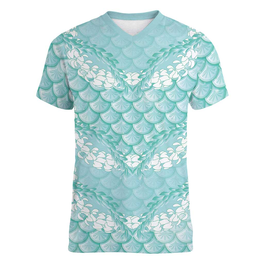 Light Turquoise Mermaid Puakenikeni Maile Lei Women V-Neck T-Shirt LT01 Female Turquoise - Polynesian Pride