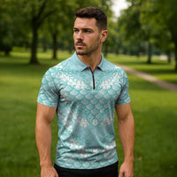 Light Turquoise Mermaid Puakenikeni Maile Lei Zipper Polo Shirt