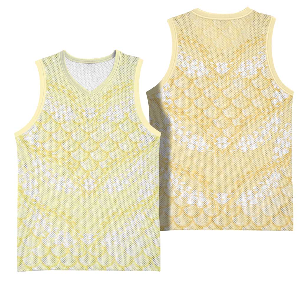 Pastel Yellow Mermaid Puakenikeni Maile Lei Basketball Jersey