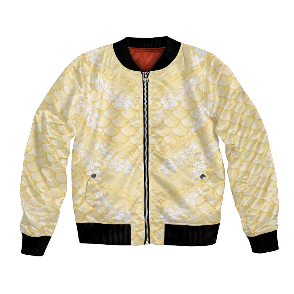 Pastel Yellow Mermaid Puakenikeni Maile Lei Bomber Jacket