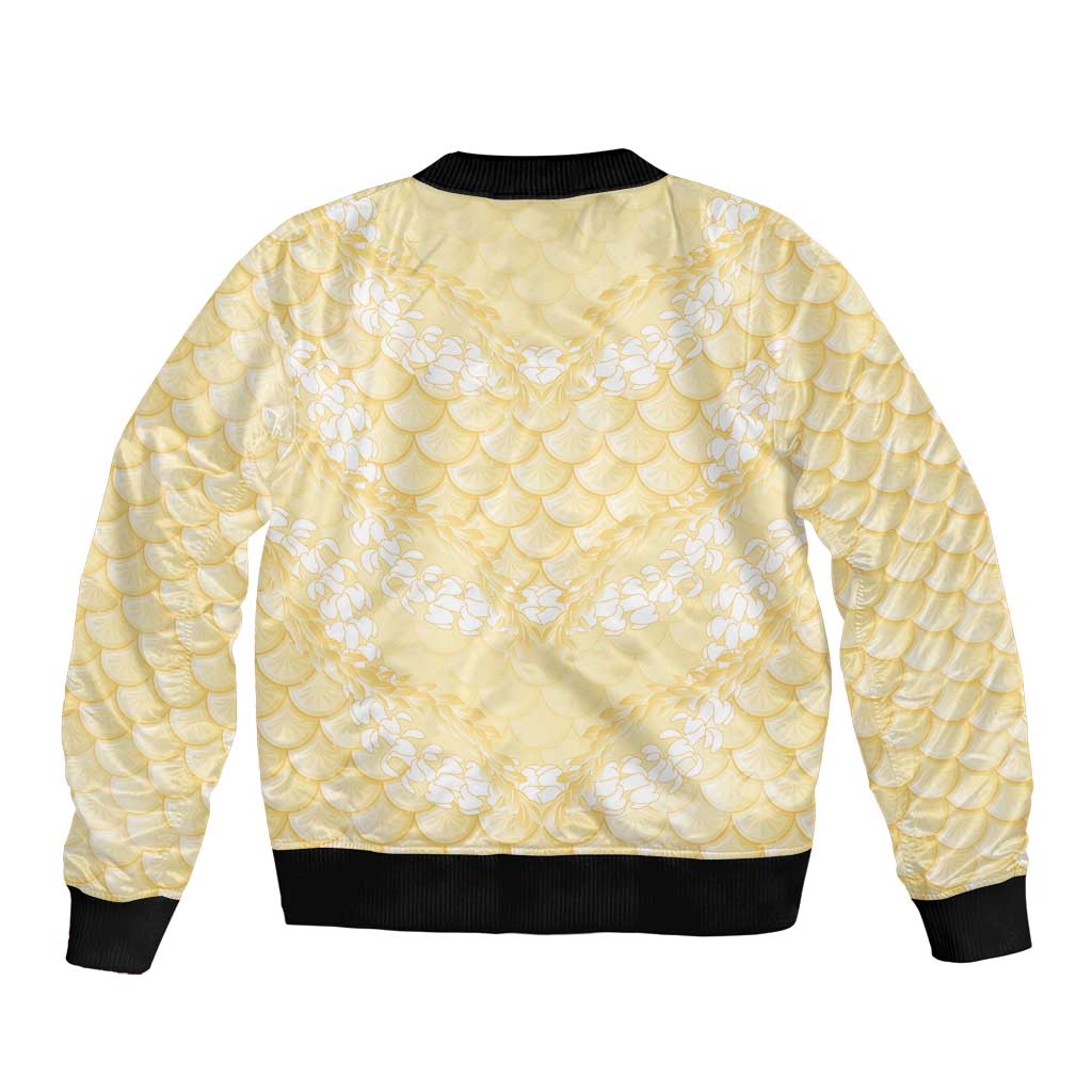 Pastel Yellow Mermaid Puakenikeni Maile Lei Bomber Jacket