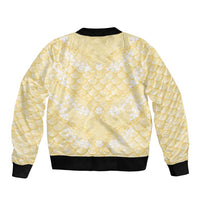 Pastel Yellow Mermaid Puakenikeni Maile Lei Bomber Jacket