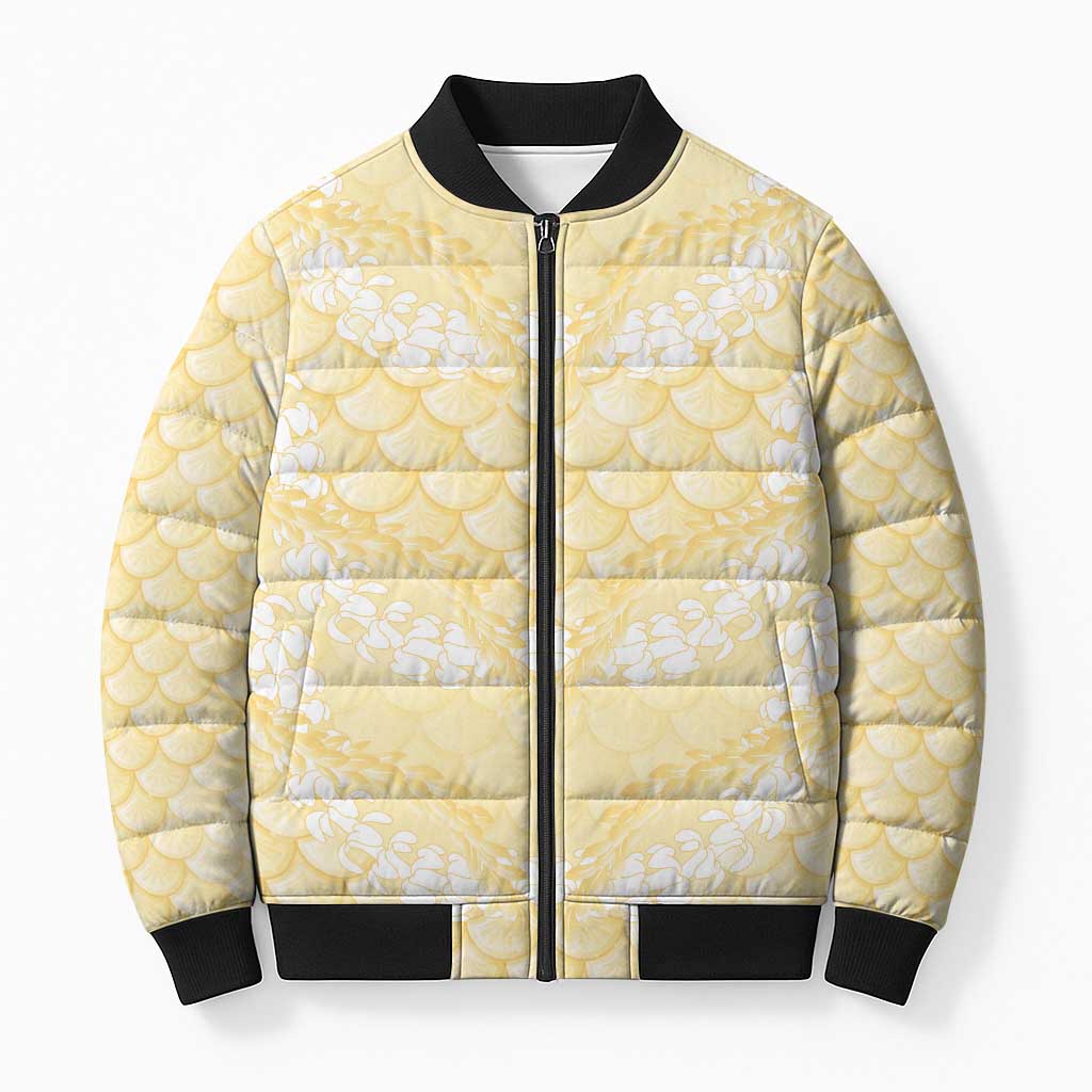 Pastel Yellow Mermaid Puakenikeni Maile Lei Bomber Puffer Jacket