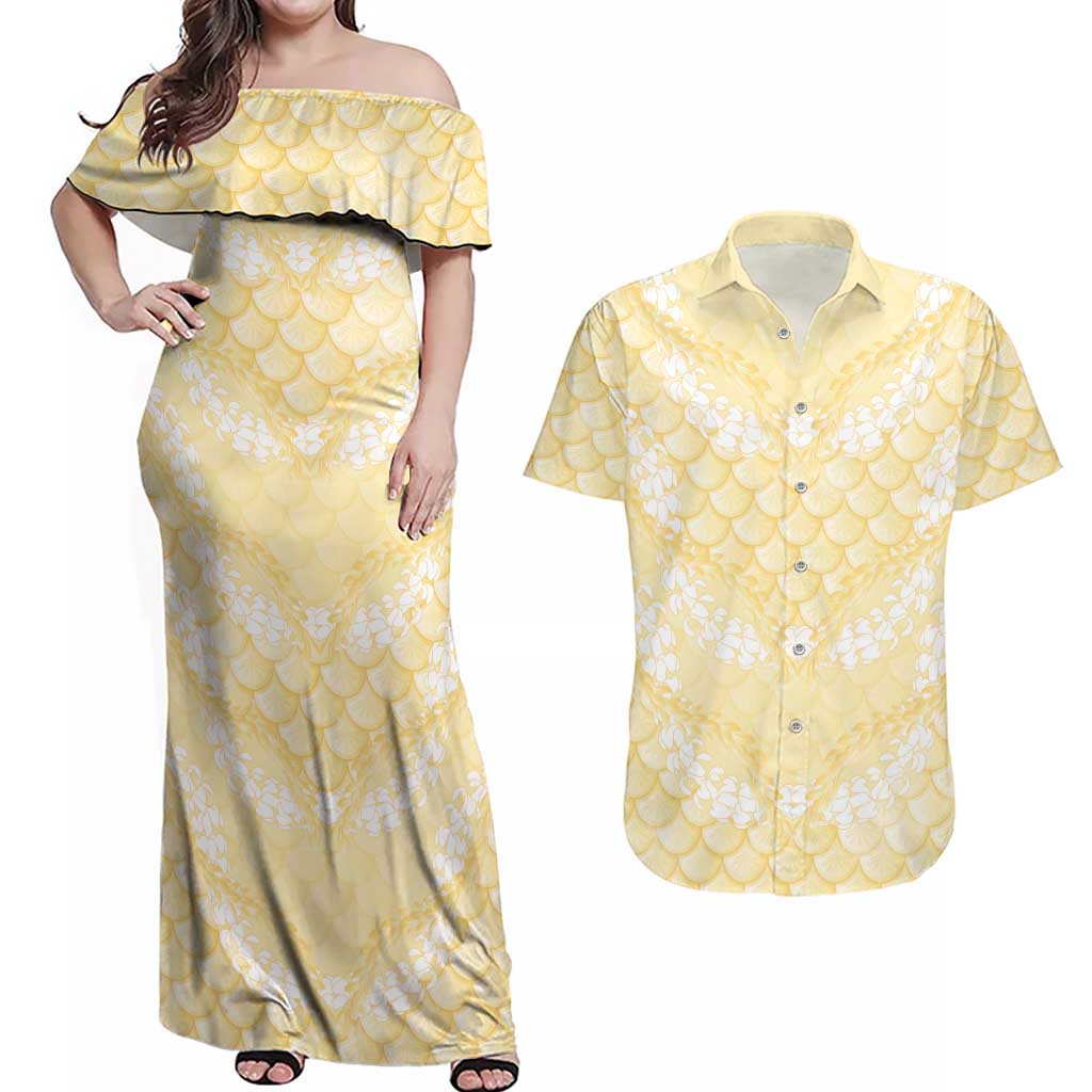 Pastel Yellow Mermaid Puakenikeni Maile Lei Couples Matching Off Shoulder Maxi Dress and Hawaiian Shirt