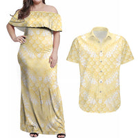 Pastel Yellow Mermaid Puakenikeni Maile Lei Couples Matching Off Shoulder Maxi Dress and Hawaiian Shirt