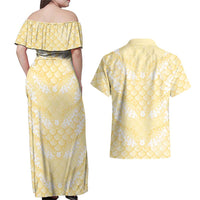 Pastel Yellow Mermaid Puakenikeni Maile Lei Couples Matching Off Shoulder Maxi Dress and Hawaiian Shirt