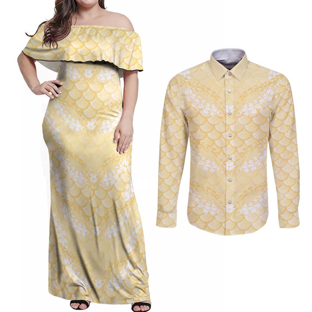 Pastel Yellow Mermaid Puakenikeni Maile Lei Couples Matching Off Shoulder Maxi Dress and Long Sleeve Button Shirt LT01 Yellow - Polynesian Pride
