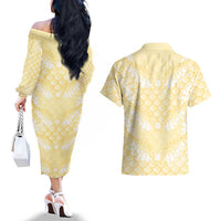 Pastel Yellow Mermaid Puakenikeni Maile Lei Couples Matching Off The Shoulder Long Sleeve Dress and Hawaiian Shirt LT01 - Polynesian Pride