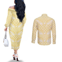 Pastel Yellow Mermaid Puakenikeni Maile Lei Couples Matching Off The Shoulder Long Sleeve Dress and Long Sleeve Button Shirt