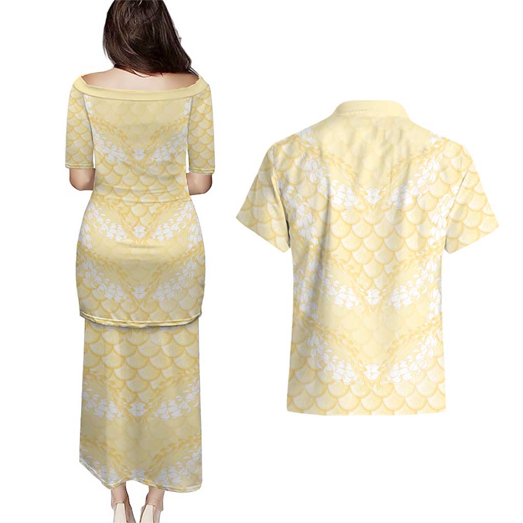 Pastel Yellow Mermaid Puakenikeni Maile Lei Couples Matching Puletasi and Hawaiian Shirt LT01 - Polynesian Pride