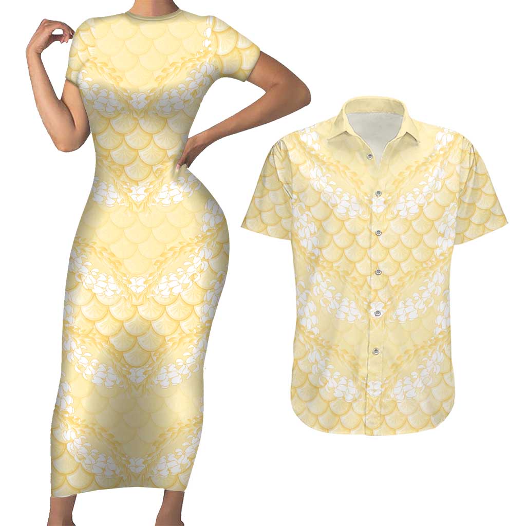 Pastel Yellow Mermaid Puakenikeni Maile Lei Couples Matching Short Sleeve Bodycon Dress and Hawaiian Shirt LT01 Yellow - Polynesian Pride