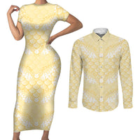 Pastel Yellow Mermaid Puakenikeni Maile Lei Couples Matching Short Sleeve Bodycon Dress and Long Sleeve Button Shirt