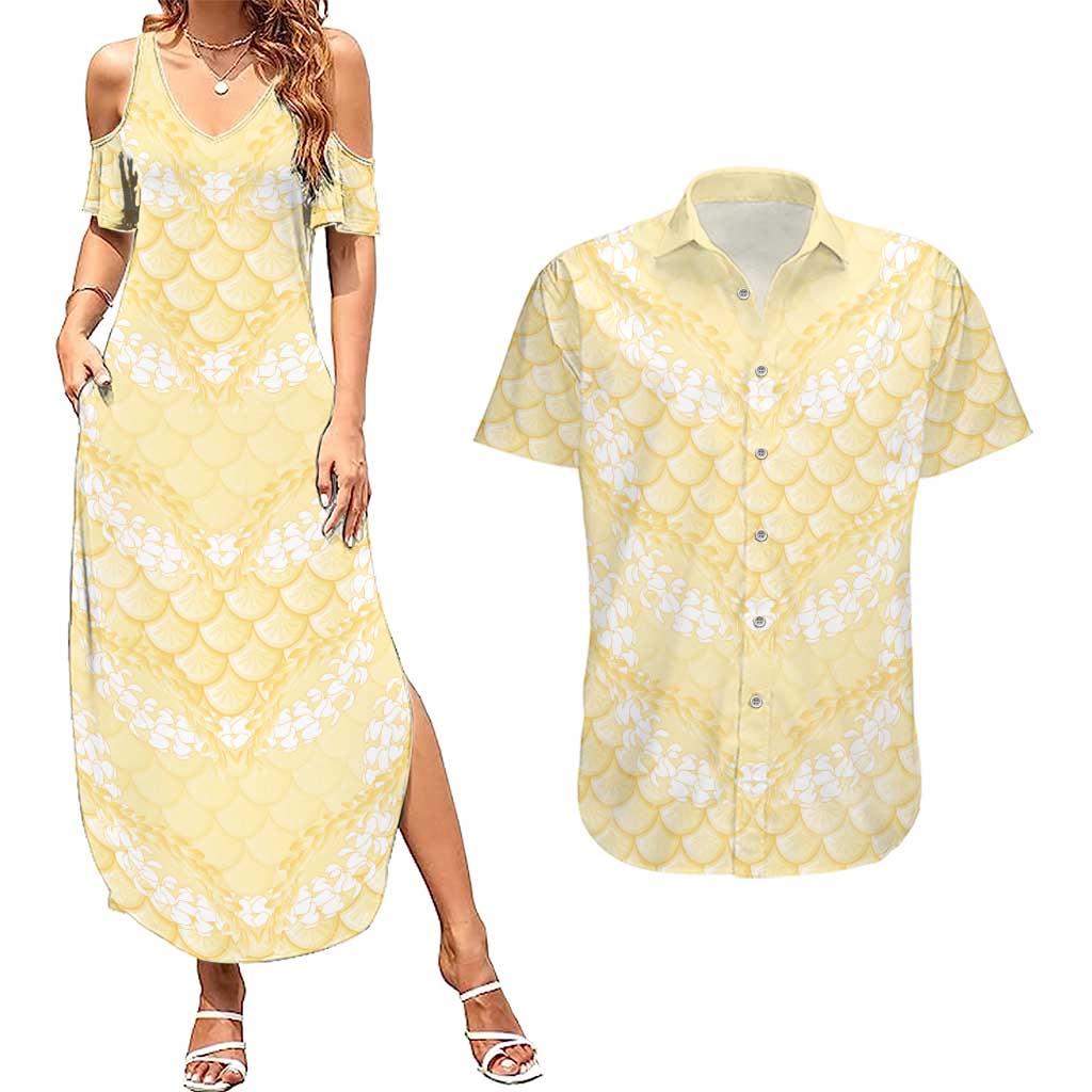 Pastel Yellow Mermaid Puakenikeni Maile Lei Couples Matching Summer Maxi Dress and Hawaiian Shirt