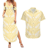 Pastel Yellow Mermaid Puakenikeni Maile Lei Couples Matching Summer Maxi Dress and Hawaiian Shirt