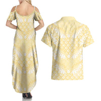 Pastel Yellow Mermaid Puakenikeni Maile Lei Couples Matching Summer Maxi Dress and Hawaiian Shirt